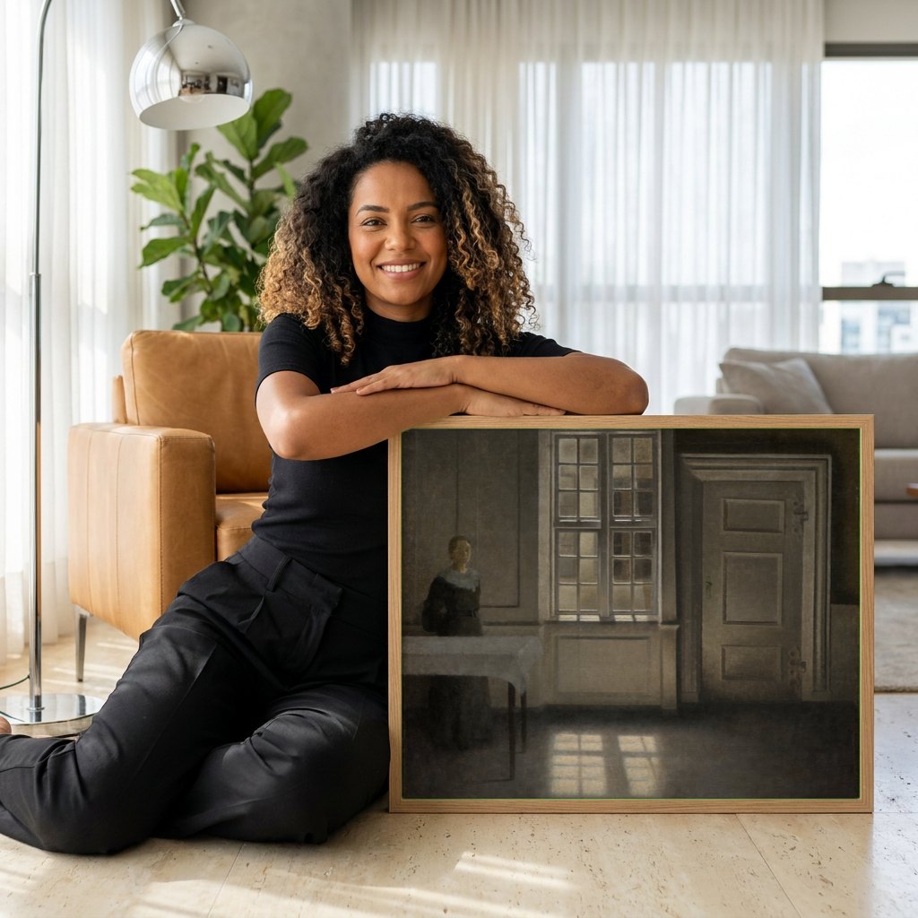 Quadro Decorativo Interior Iluminado - Hammershøi | modelo apresentando o quadro emoldurado