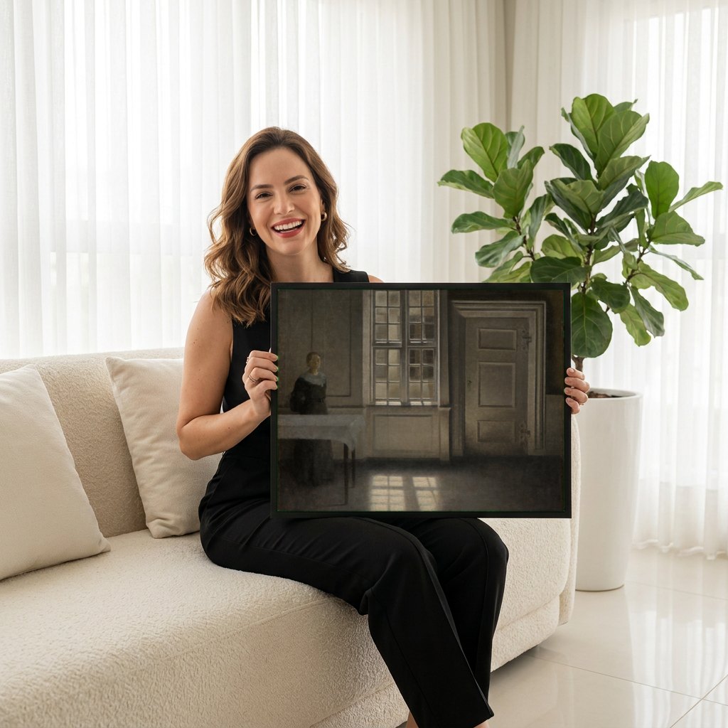Quadro Decorativo Interior Iluminado - Hammershøi | modelo apresentando o quadro emoldurado