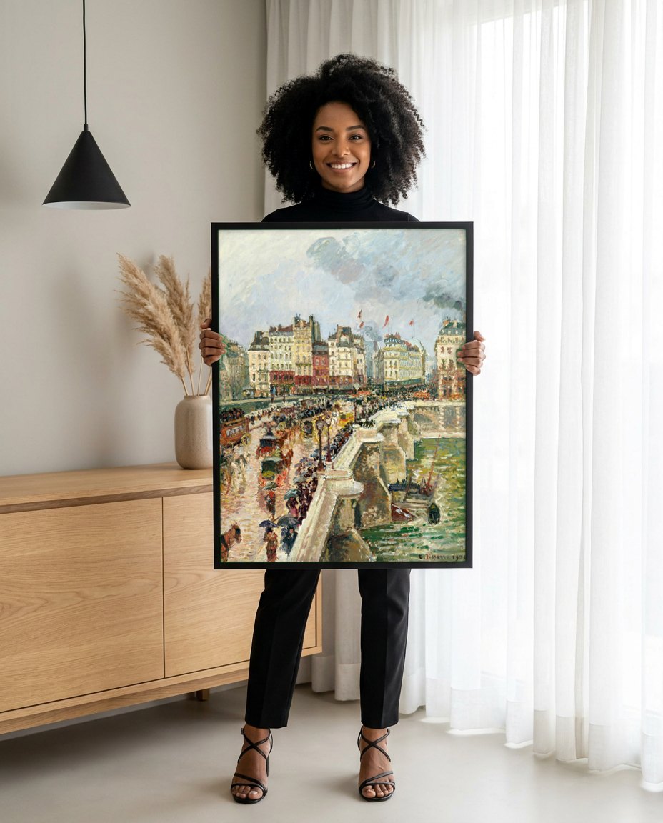 Quadro Decorativo Pont Neuf e o Sena em Paris - Pissarro | modelo apresentando o quadro emoldurado