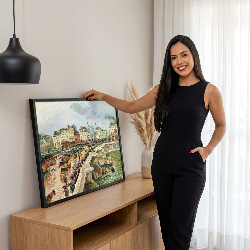 Quadro Decorativo Pont Neuf e o Sena em Paris - Pissarro | modelo apresentando o quadro emoldurado