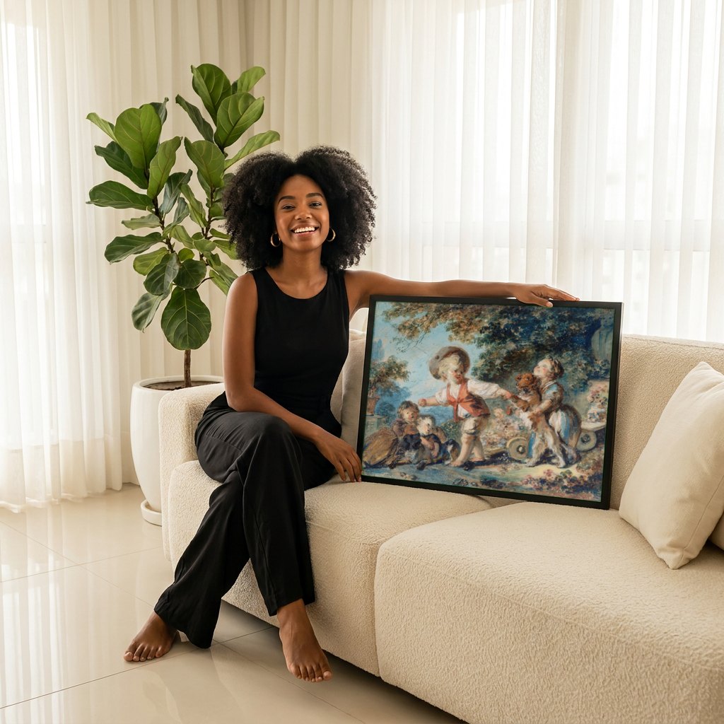 Quadro Decorativo Crianças Brincando com Cachorros - Fragonard | modelo apresentando o quadro emoldurado