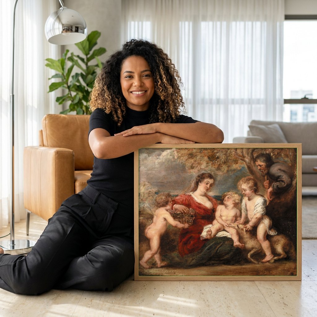 Quadro Decorativo A Sagrada Família com São João - Rubens | modelo apresentando o quadro emoldurado