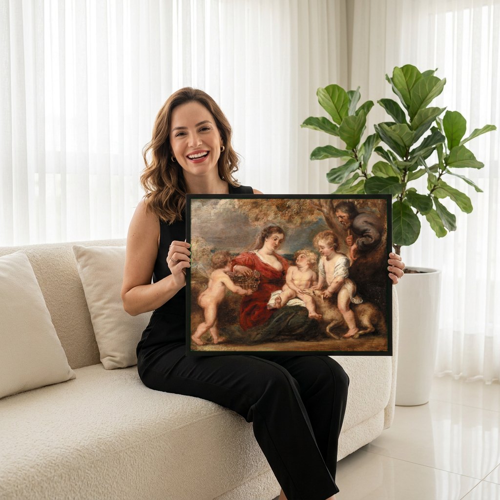 Quadro Decorativo A Sagrada Família com São João - Rubens | modelo apresentando o quadro emoldurado
