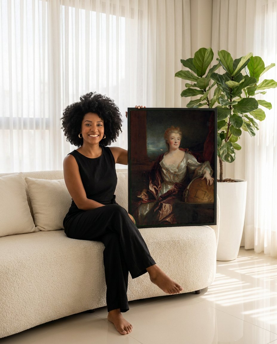 Quadro Decorativo Retrato de Mulher com Globo - Nicolas de Largillière | modelo apresentando o quadro emoldurado