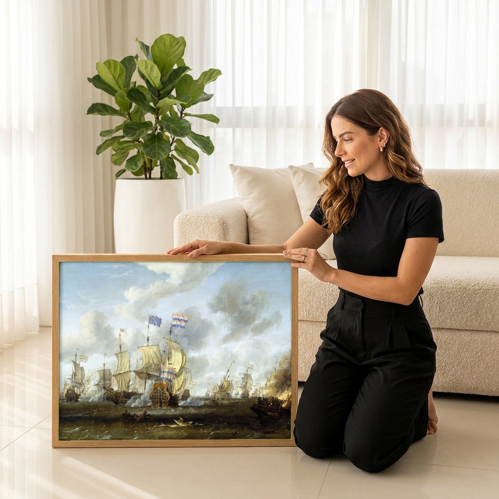 Quadro Decorativo Batalha Naval - Abraham Storck | modelo apresentando o quadro emoldurado
