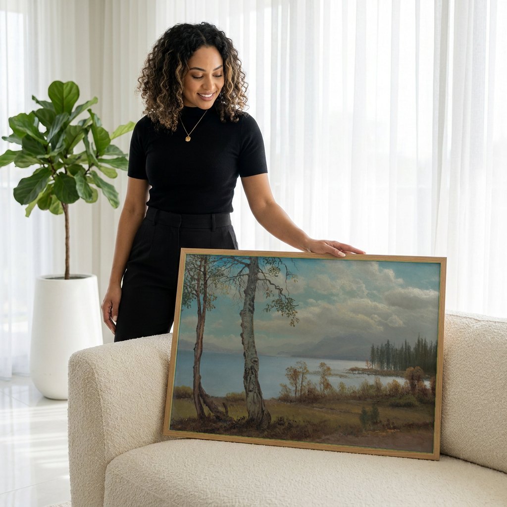 Quadro Decorativo Paisagem Lacustre com Bétulas - Albert Bierstadt | modelo apresentando o quadro emoldurado
