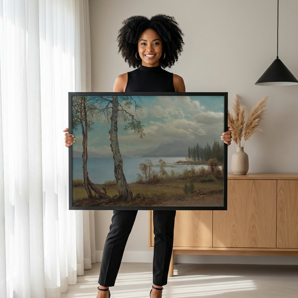 Quadro Decorativo Paisagem Lacustre com Bétulas - Albert Bierstadt | modelo apresentando o quadro emoldurado