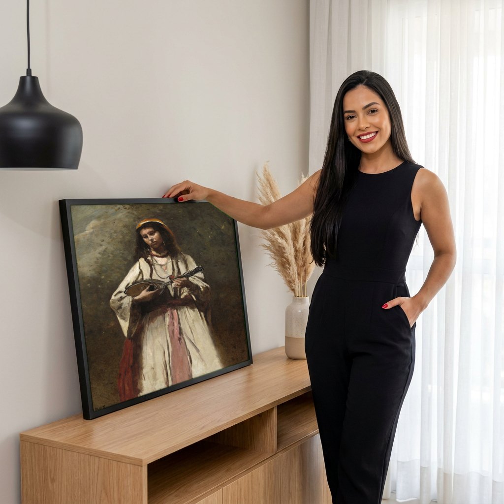 Quadro Decorativo A Cigana com Bandolim - Corot | modelo apresentando o quadro emoldurado