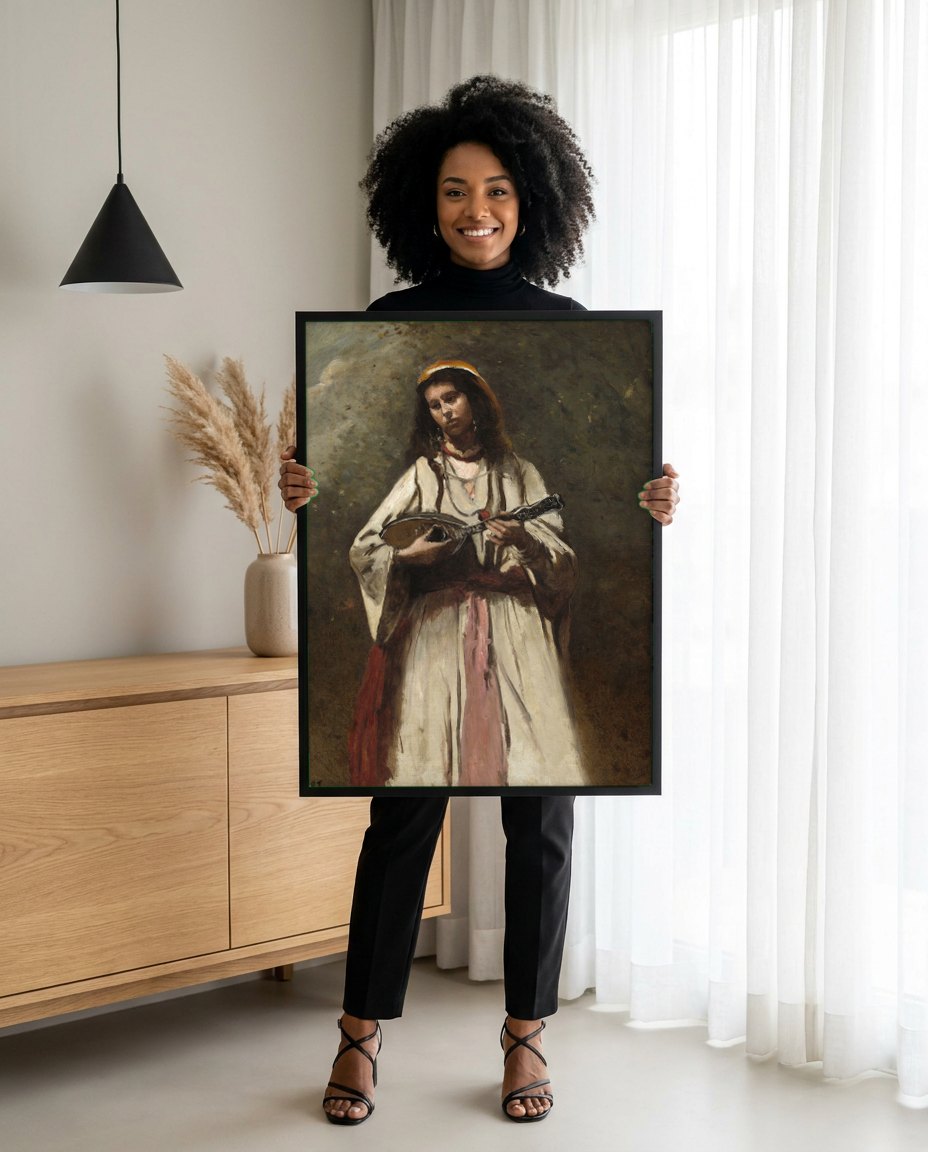 Quadro Decorativo A Cigana com Bandolim - Corot | modelo apresentando o quadro emoldurado