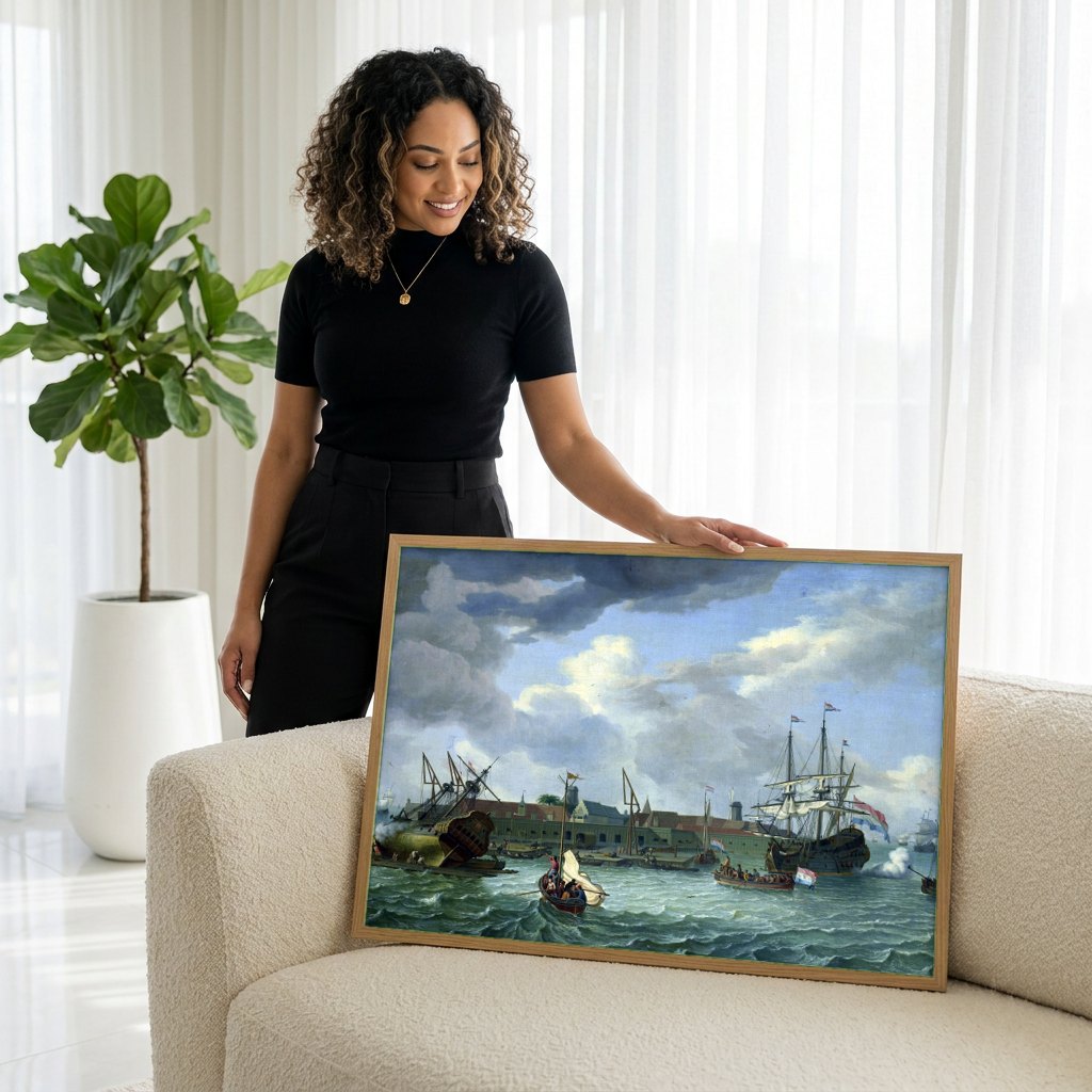 Quadro Decorativo Porto Holandês - Abraham Storck | modelo apresentando o quadro emoldurado