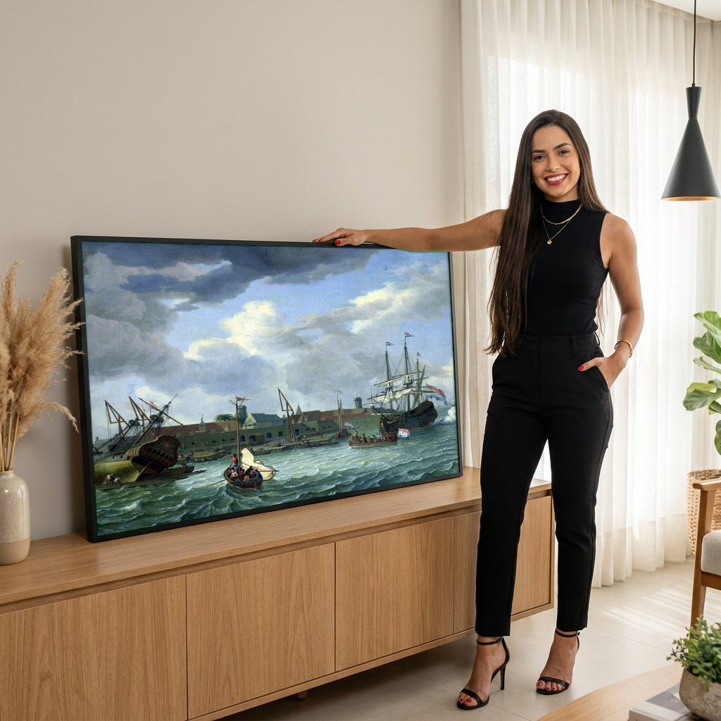 Quadro Decorativo Porto Holandês - Abraham Storck | modelo apresentando o quadro emoldurado
