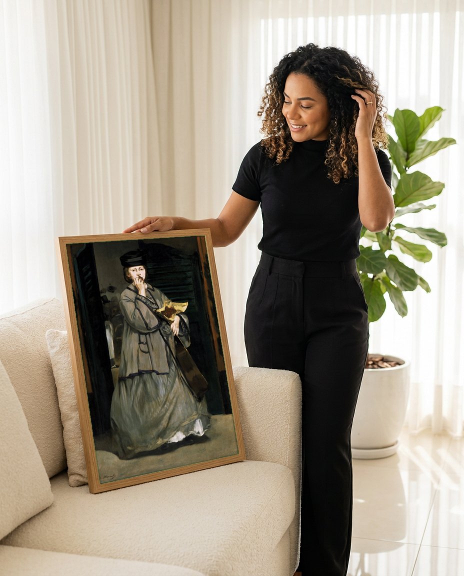 Quadro Decorativo A Mulher das Cerejas - Manet | modelo apresentando o quadro emoldurado