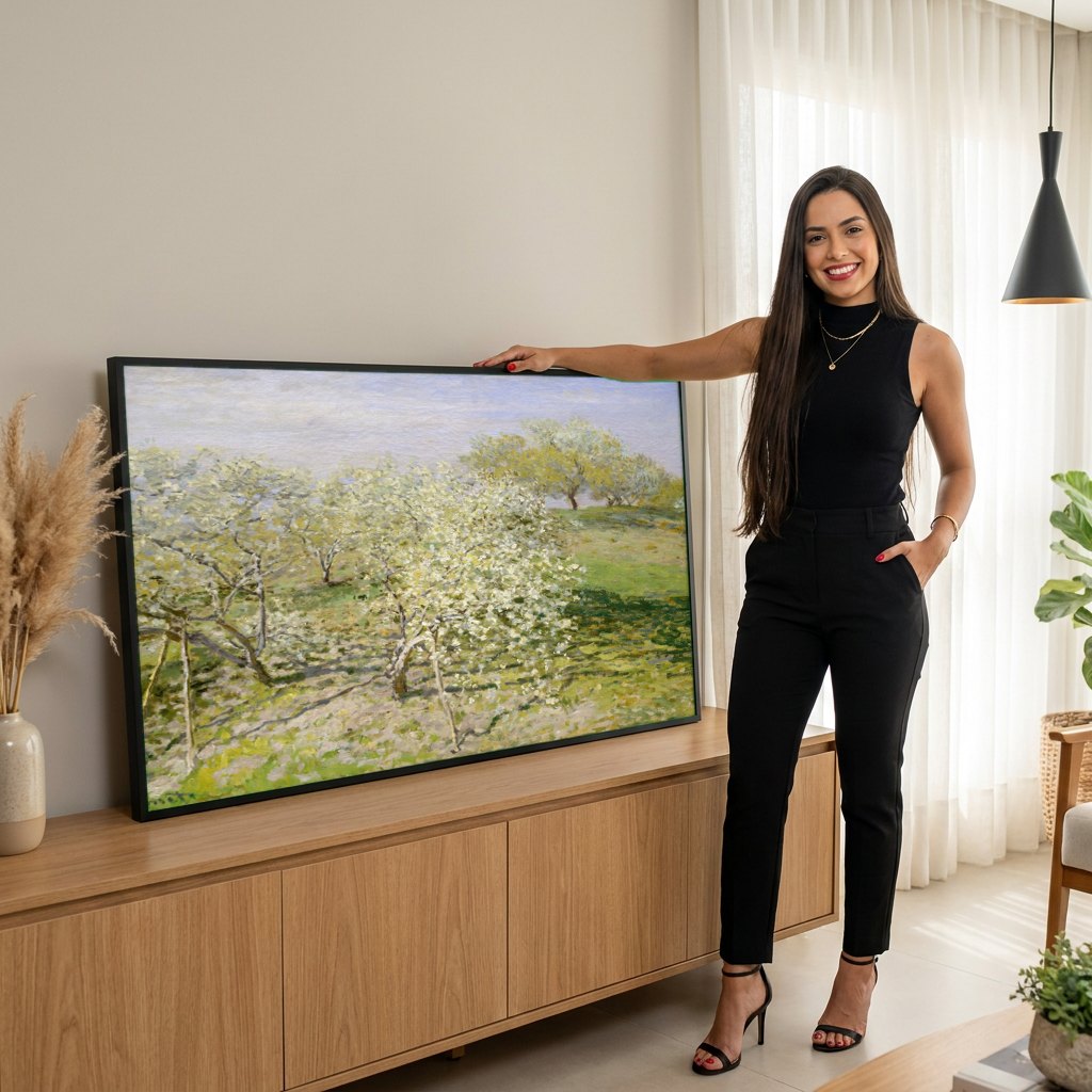 Quadro Decorativo Pomar em Flor - Claude Monet | modelo apresentando o quadro emoldurado