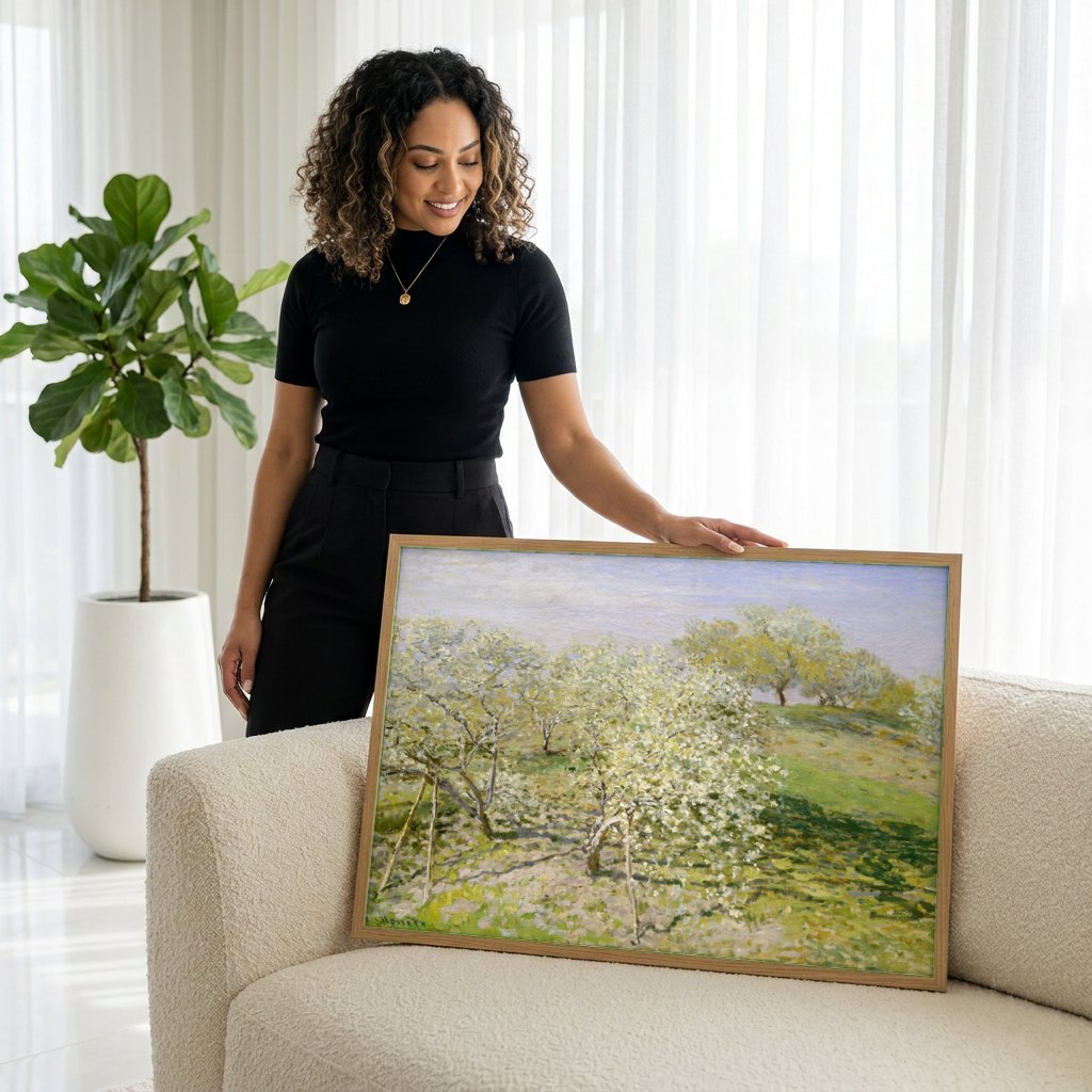 Quadro Decorativo Pomar em Flor - Claude Monet | modelo apresentando o quadro emoldurado