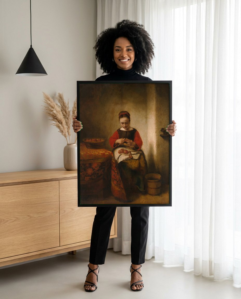 Quadro Decorativo A Mulher Descascando Maçãs - Nicolaes Maes | modelo apresentando o quadro emoldurado