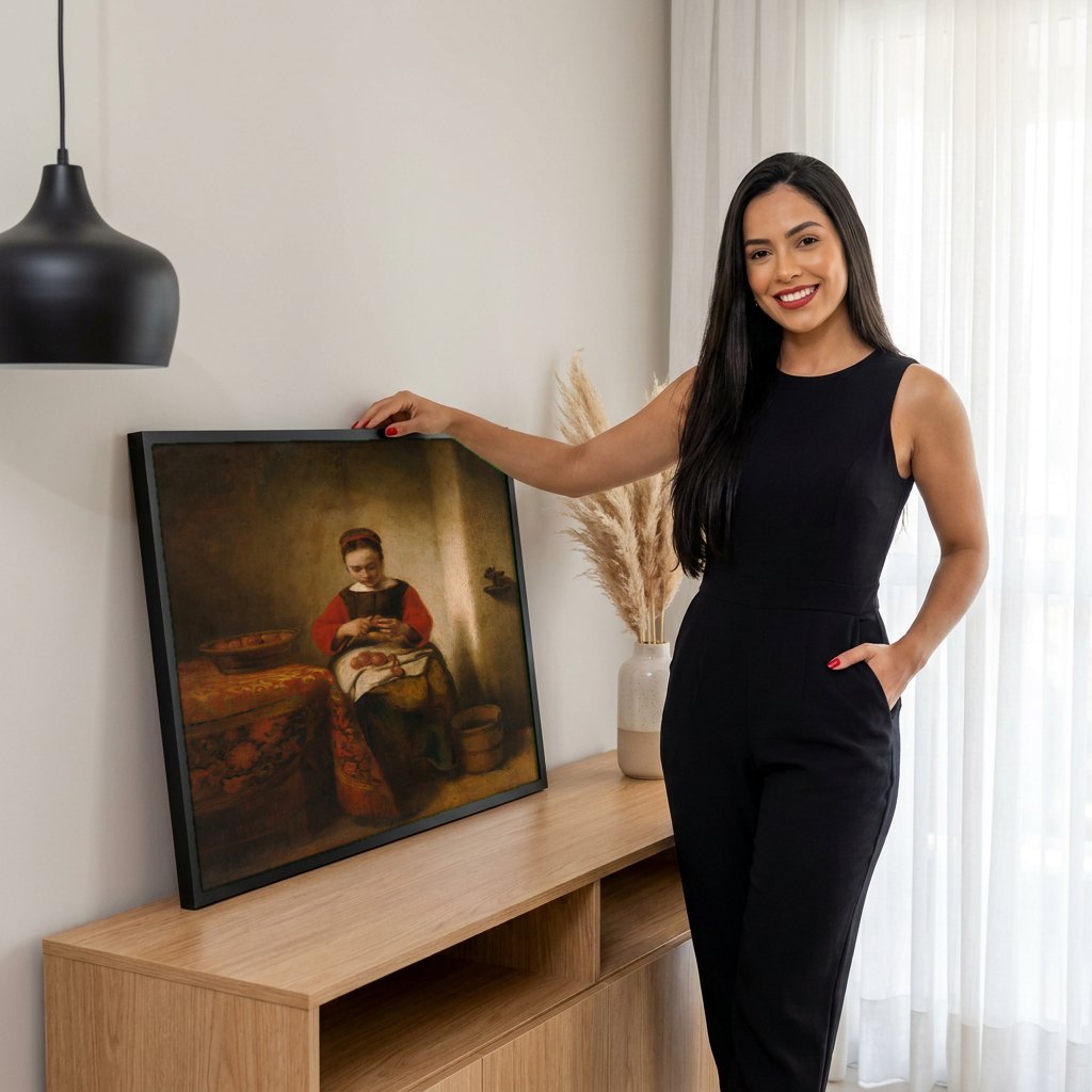 Quadro Decorativo A Mulher Descascando Maçãs - Nicolaes Maes | modelo apresentando o quadro emoldurado