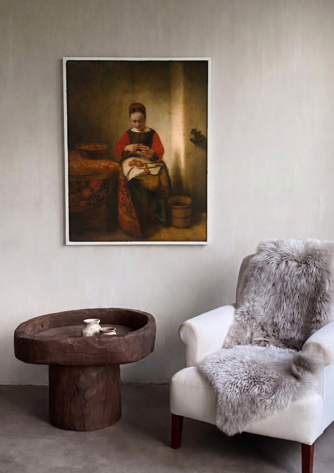 Quadro Decorativo A Mulher Descascando Maçãs - Nicolaes Maes | quadro emoldurado na parede