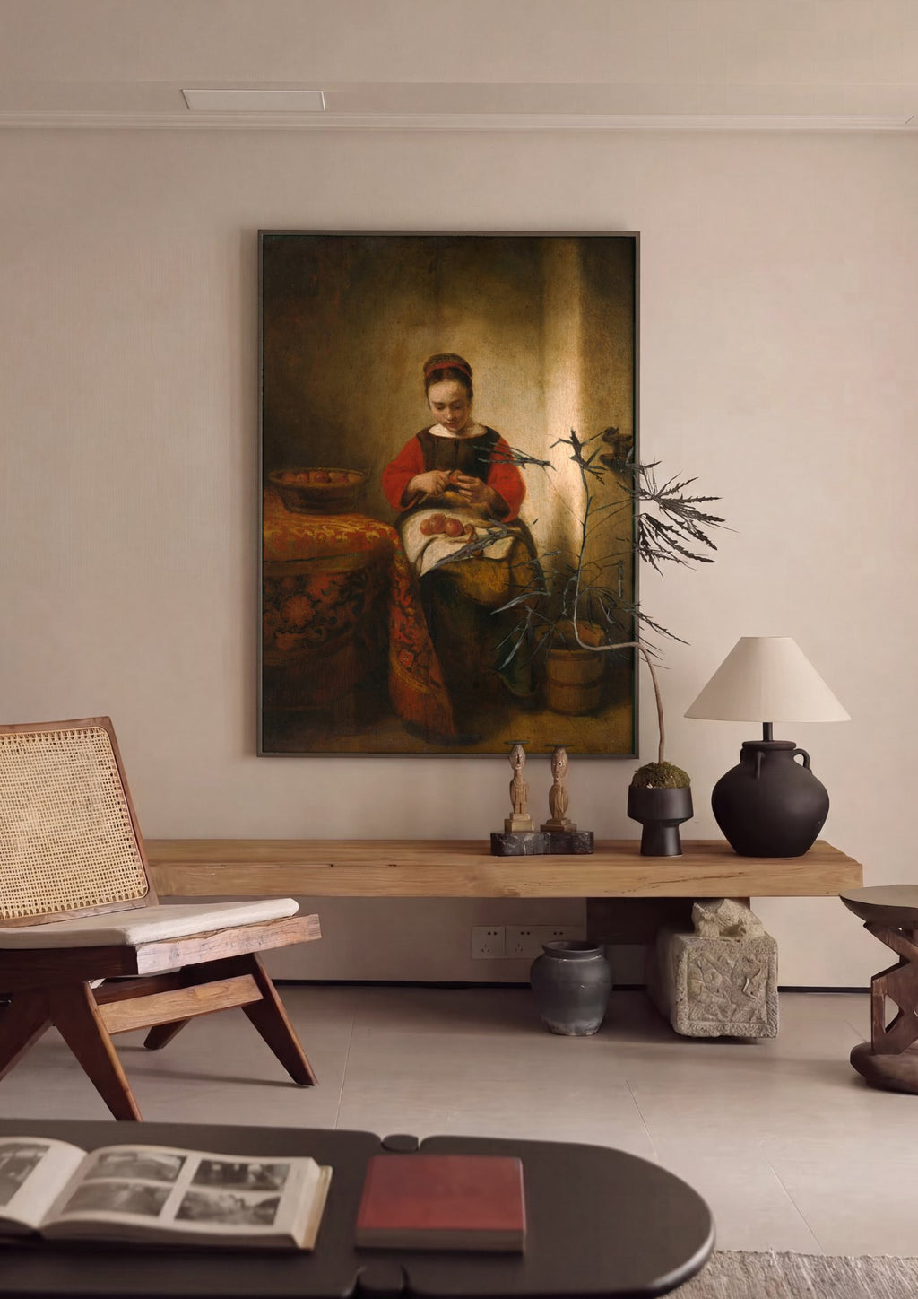 Quadro Decorativo A Mulher Descascando Maçãs - Nicolaes Maes | quadro emoldurado na parede