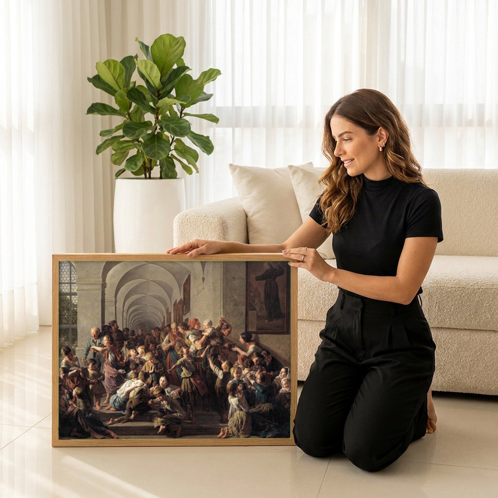Quadro Decorativo A Distribuição de Alimentos - Ferdinand Georg Waldmüller | modelo apresentando o quadro emoldurado