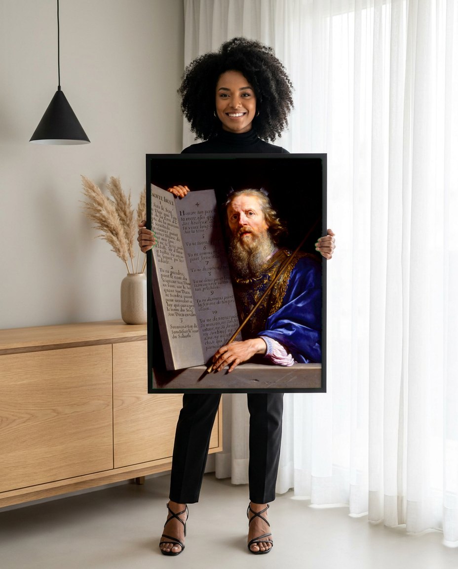 Quadro Decorativo Moisés e os Dez Mandamentos - Philippe de Champaigne | modelo apresentando o quadro emoldurado