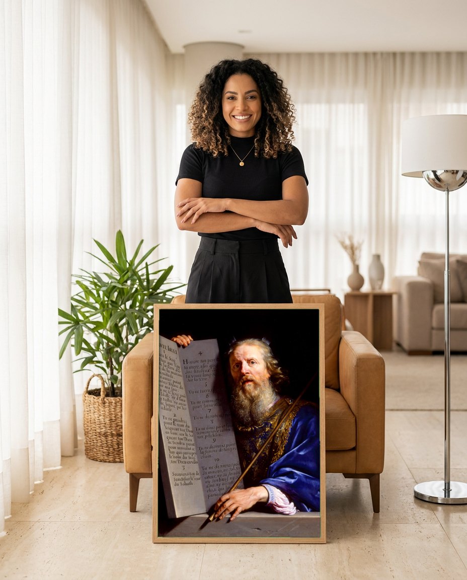 Quadro Decorativo Moisés e os Dez Mandamentos - Philippe de Champaigne | modelo apresentando o quadro emoldurado