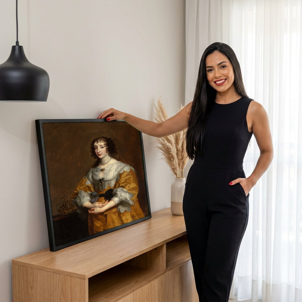 Quadro Decorativo Retrato de Mulher com Coroa - Van Dyck | modelo apresentando o quadro emoldurado