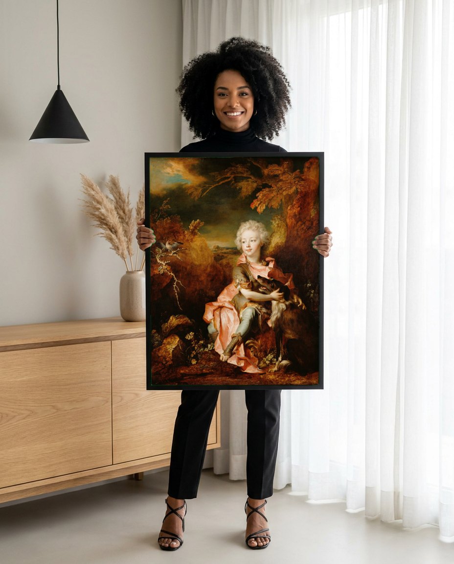 Quadro Decorativo Retrato de Menino com Cão - Largillière | modelo apresentando o quadro emoldurado