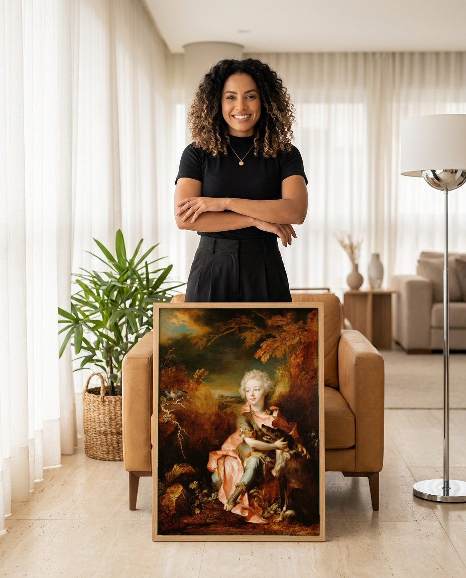 Quadro Decorativo Retrato de Menino com Cão - Largillière | modelo apresentando o quadro emoldurado