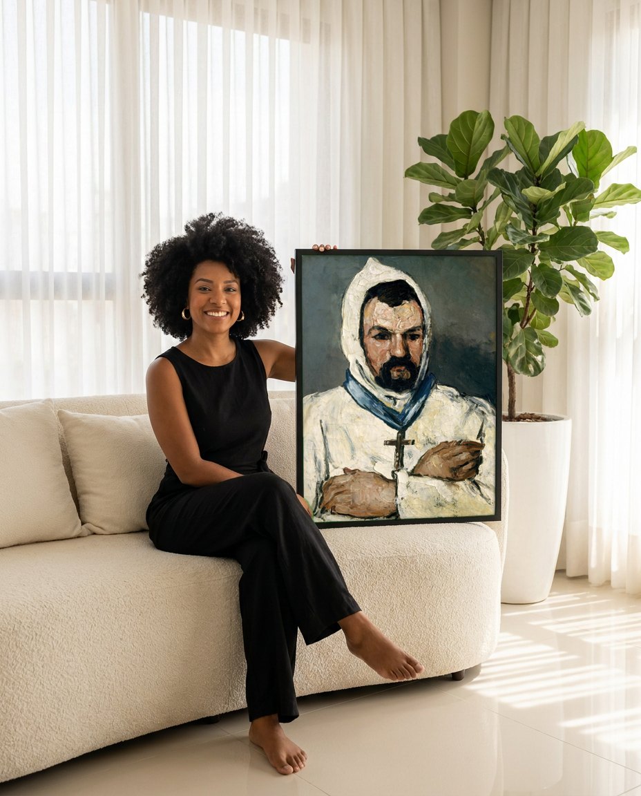 Quadro Decorativo O Monge (Retrato de um Frade) - Paul Cézanne | modelo apresentando o quadro emoldurado