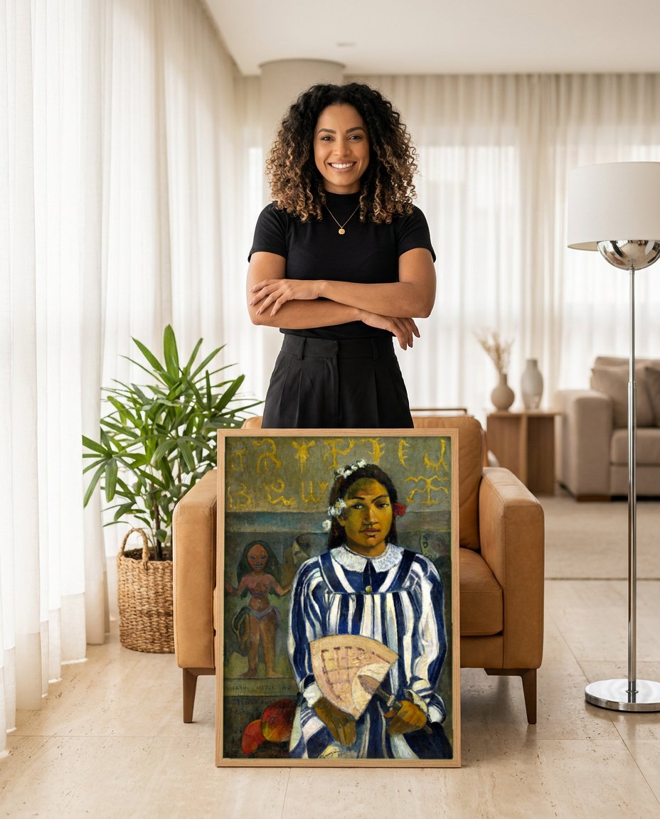 Quadro Decorativo Aarahii Metua No Tehamana - Paul Gauguin | modelo apresentando o quadro emoldurado