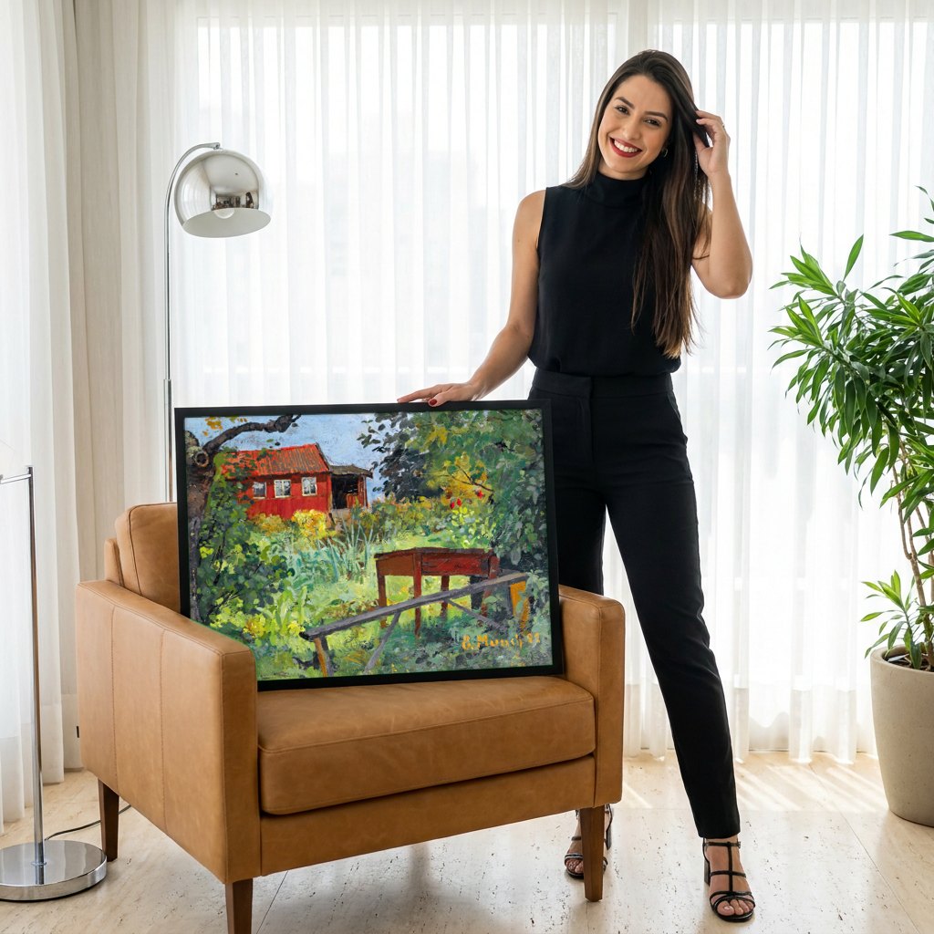 Quadro Decorativo Casa Vermelha e Jardim - Edvard Munch | modelo apresentando o quadro emoldurado