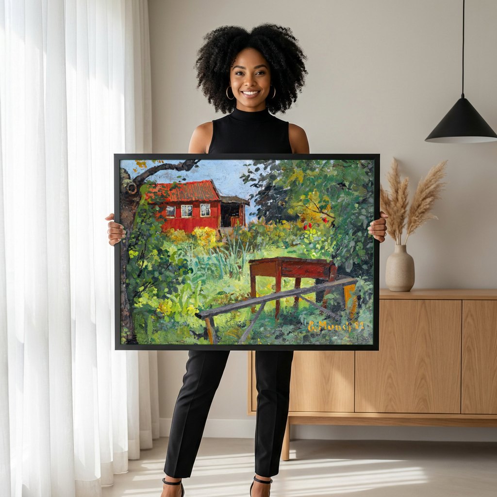 Quadro Decorativo Casa Vermelha e Jardim - Edvard Munch | modelo apresentando o quadro emoldurado