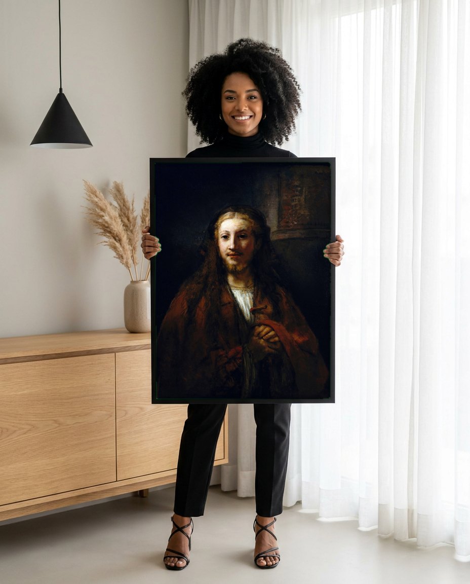 Quadro Decorativo A Cabeça de Cristo - Rembrandt | modelo apresentando o quadro emoldurado