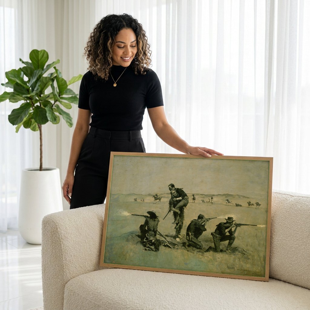 Quadro Decorativo A Batalha - Frederic Remington | modelo apresentando o quadro emoldurado