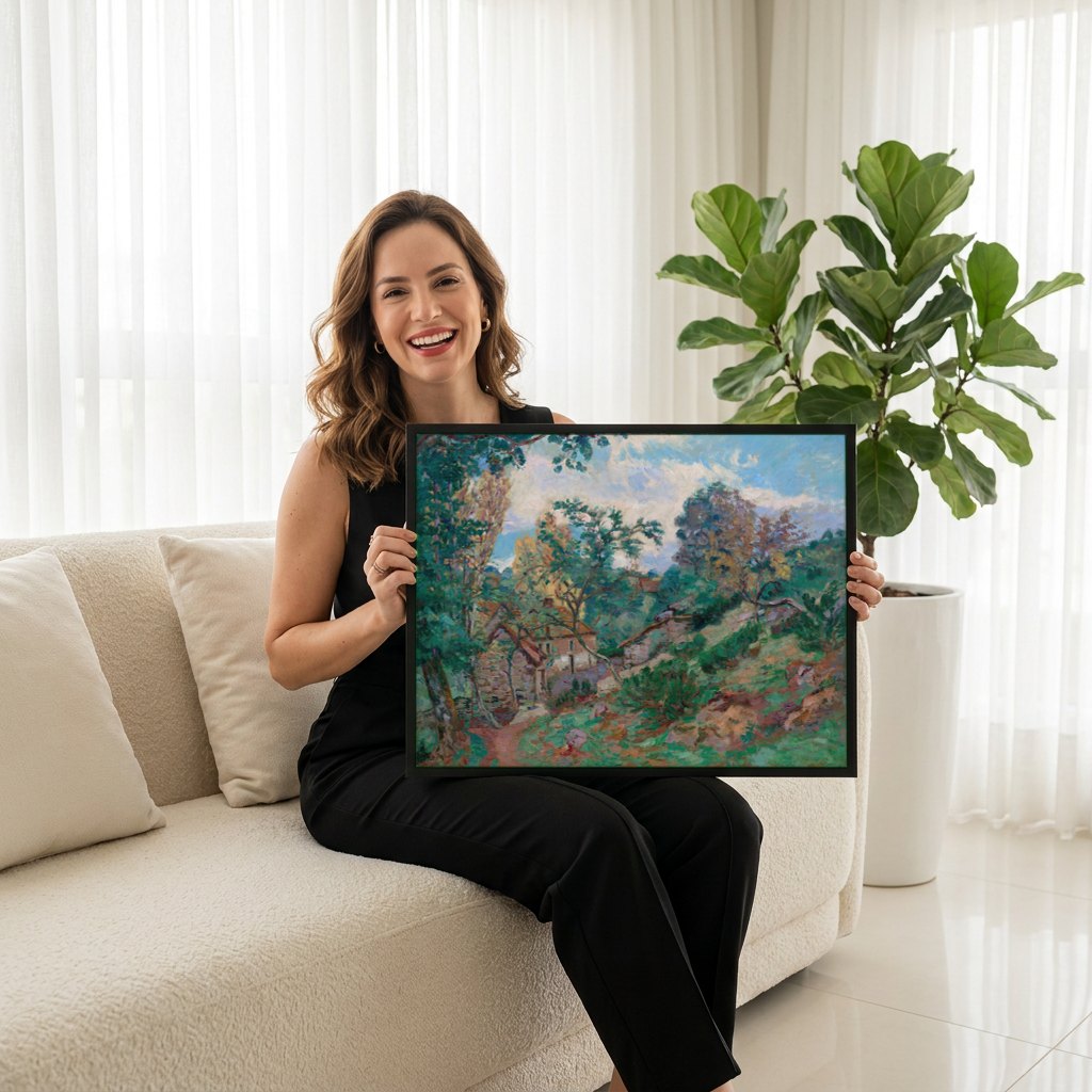 Quadro Decorativo Paisagem com Casas - Armand Guillaumin | modelo apresentando o quadro emoldurado