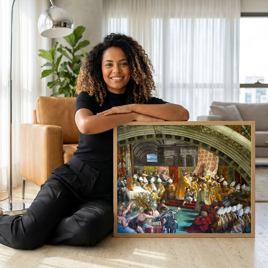 Quadro Decorativo A Coroacao de Carlos Magno - Rafael | modelo apresentando o quadro emoldurado
