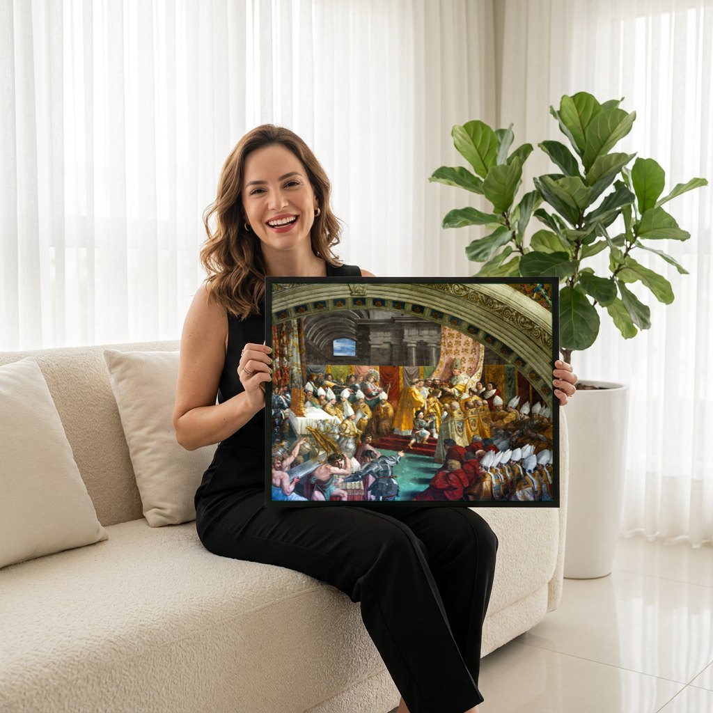 Quadro Decorativo A Coroacao de Carlos Magno - Rafael | modelo apresentando o quadro emoldurado