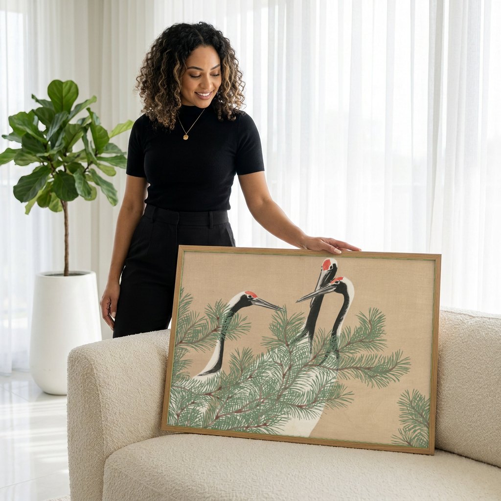 Quadro Decorativo Garças e Pinheiros - Kamisaka Sekka | modelo apresentando o quadro emoldurado