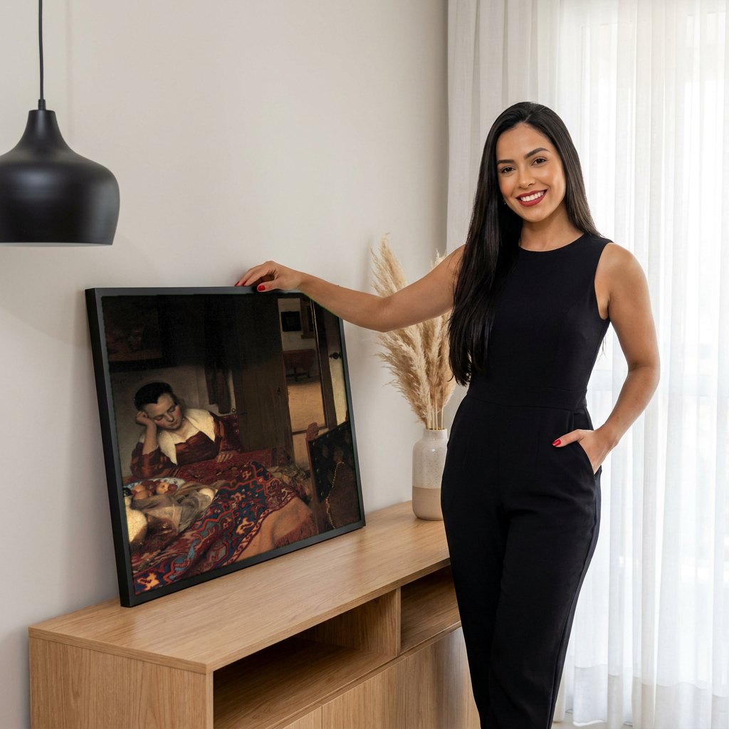 Quadro Decorativo A Moça Adormecida - Vermeer | modelo apresentando o quadro emoldurado