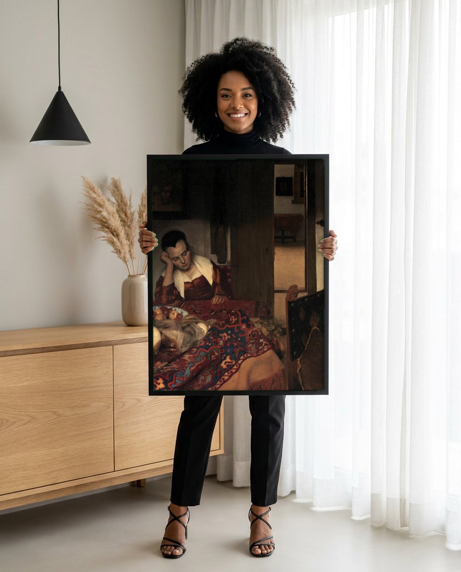 Quadro Decorativo A Moça Adormecida - Vermeer | modelo apresentando o quadro emoldurado