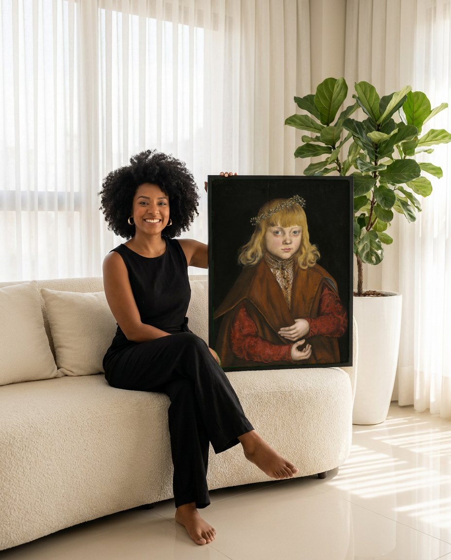 Quadro Decorativo Retrato de Menino com Coroa - Lucas Cranach | modelo apresentando o quadro emoldurado