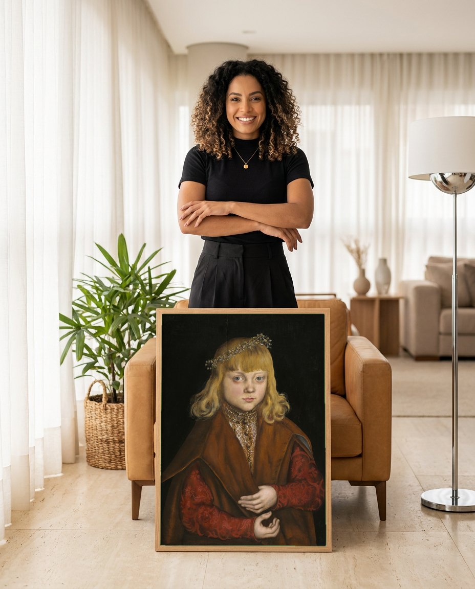 Quadro Decorativo Retrato de Menino com Coroa - Lucas Cranach | modelo apresentando o quadro emoldurado