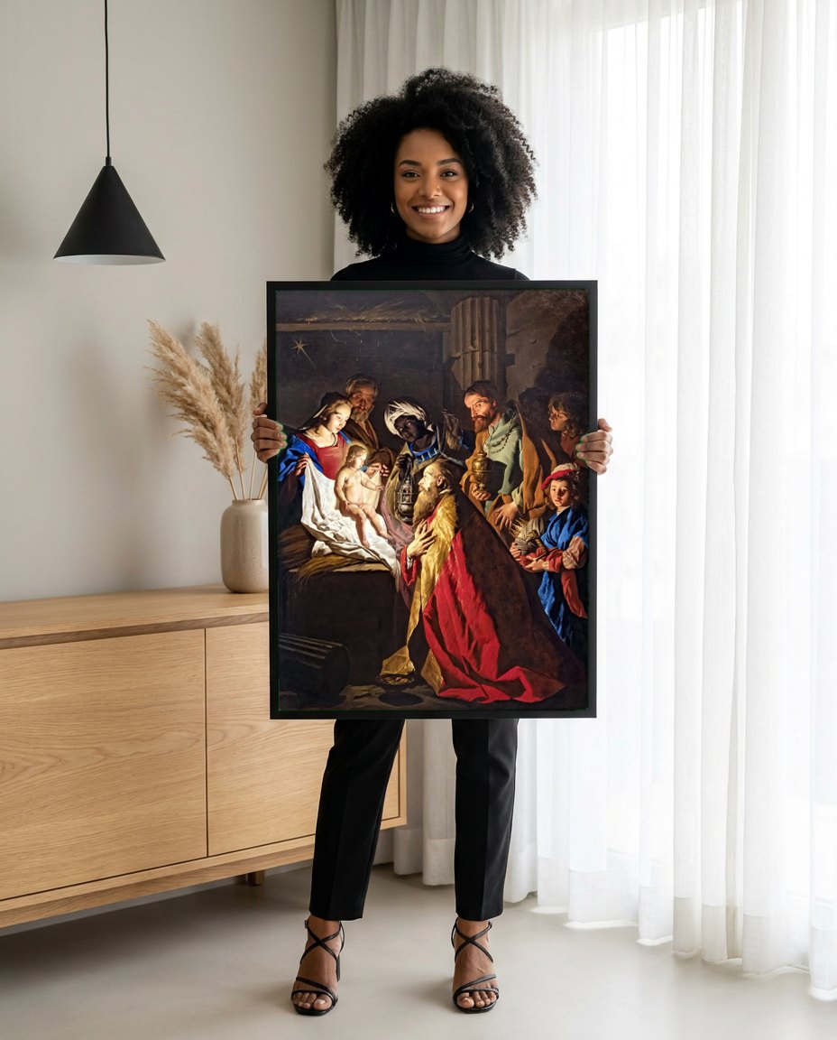 Quadro Decorativo A Adoração dos Magos - Matthias Stomer | modelo apresentando o quadro emoldurado