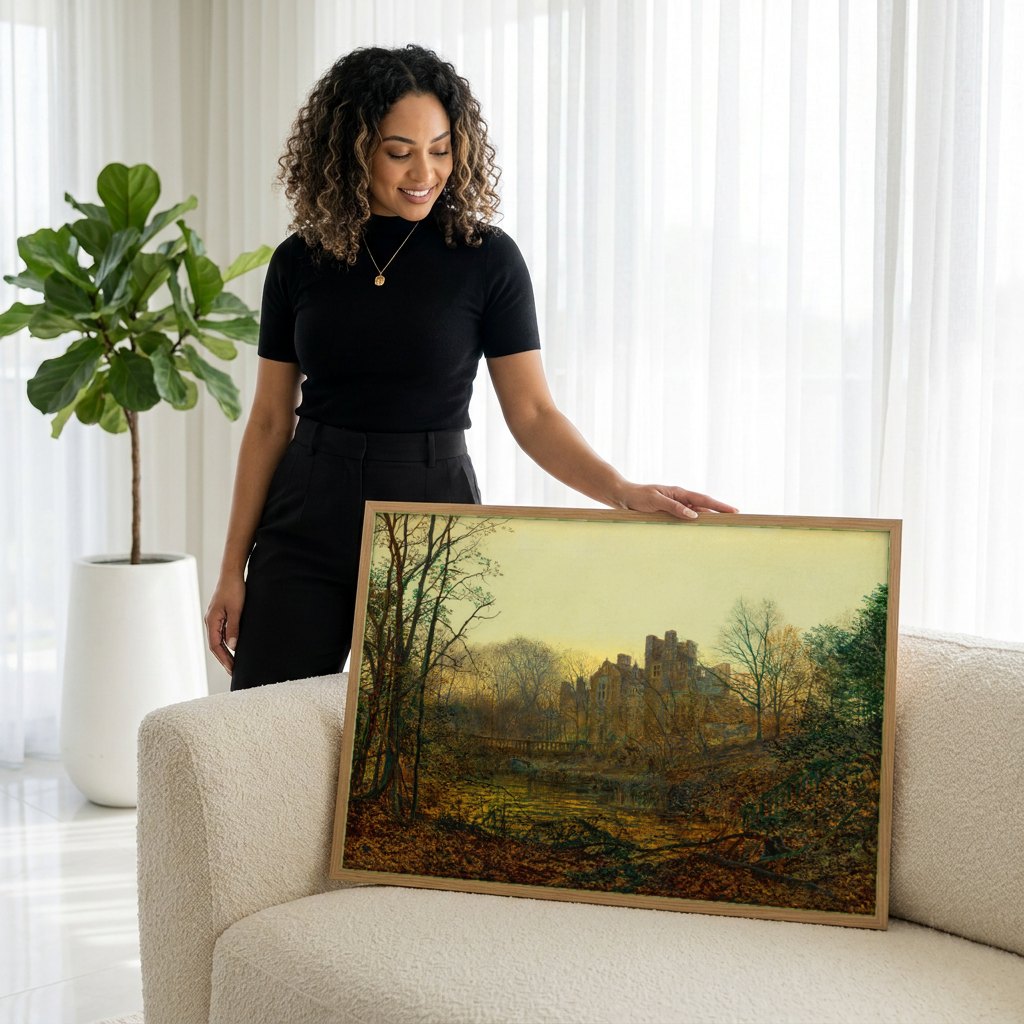 Quadro Decorativo Castelo Iluminado - Grimshaw | modelo apresentando o quadro emoldurado
