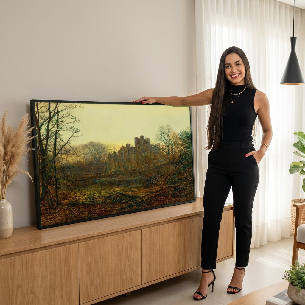 Quadro Decorativo Castelo Iluminado - Grimshaw | modelo apresentando o quadro emoldurado