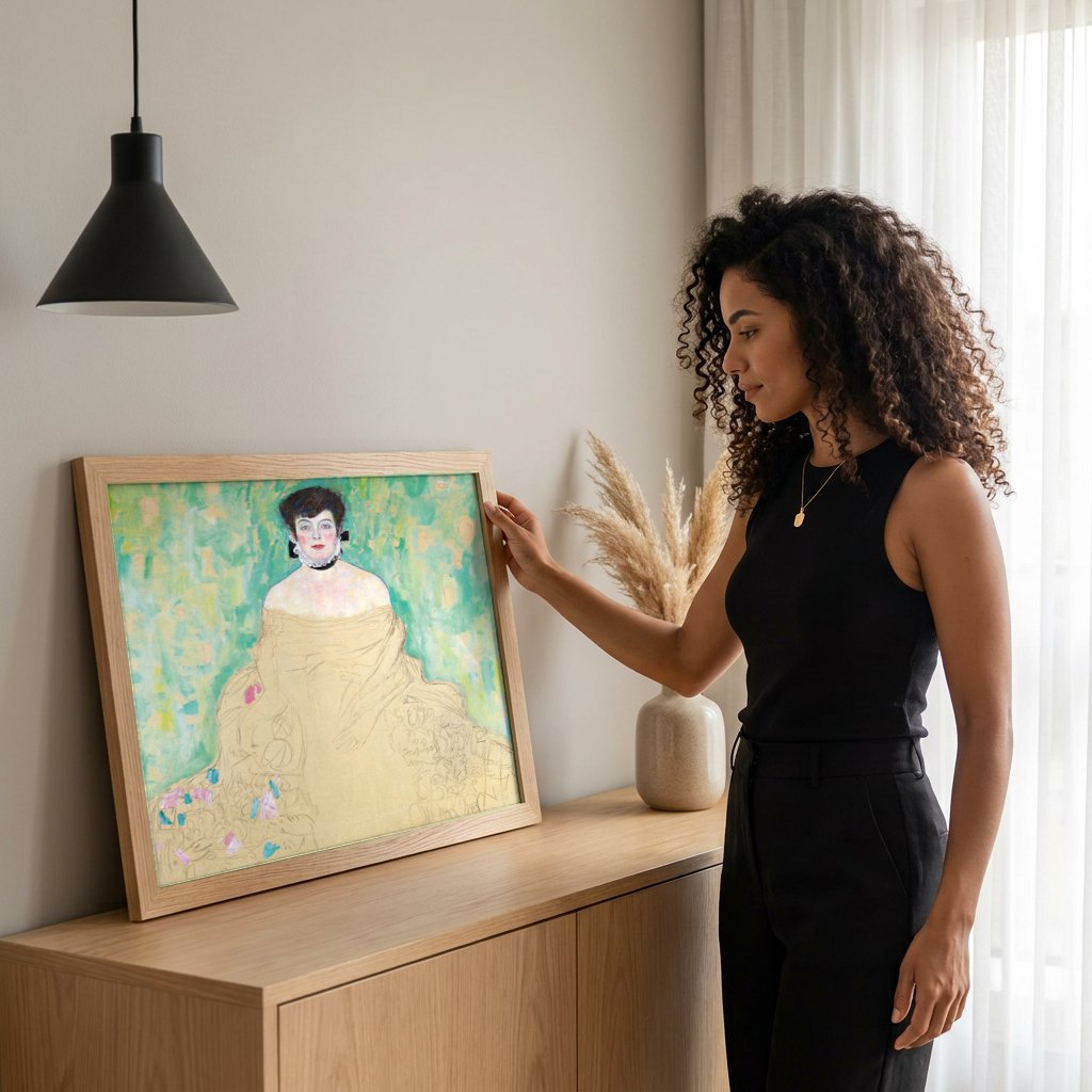 Quadro Decorativo Retrato Inacabado de Mulher - Klimt | modelo apresentando o quadro emoldurado