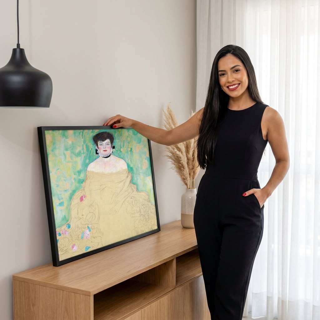 Quadro Decorativo Retrato Inacabado de Mulher - Klimt | modelo apresentando o quadro emoldurado