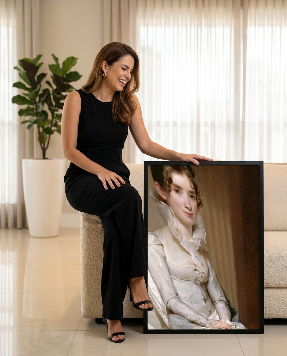 Quadro Decorativo 'Senhora com Roupagem Branca' - Thomas Sully com modelo em ambiente