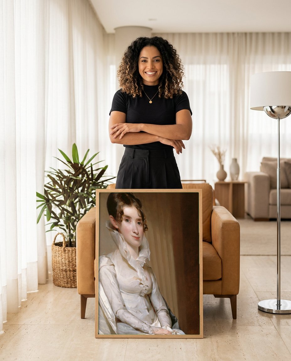 Quadro Decorativo 'Senhora com Roupagem Branca' - Thomas Sully com modelo em ambiente