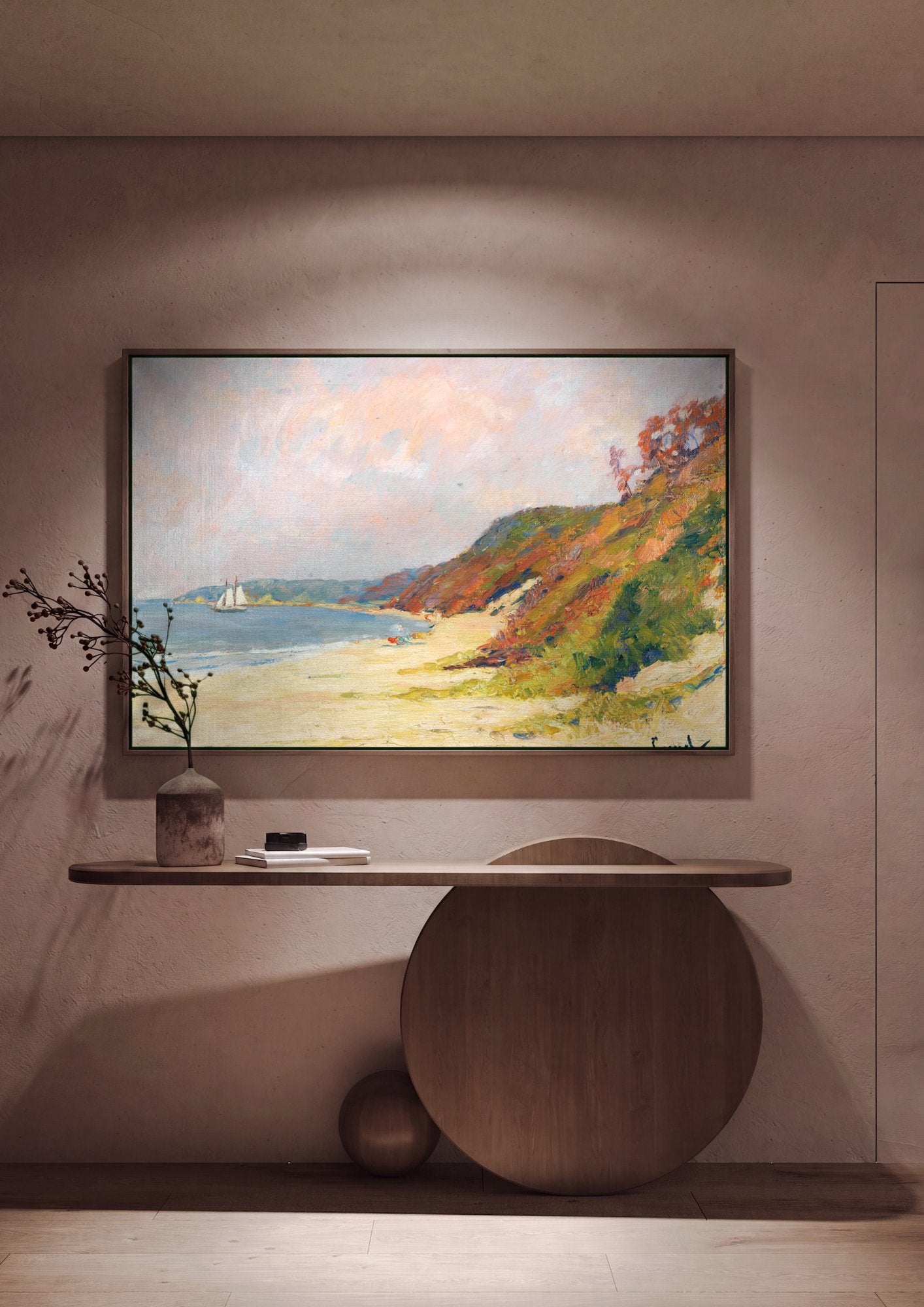 Quadro Decorativo Praia Ensolarada com Barco - Edward Cucuel em ambiente decorado